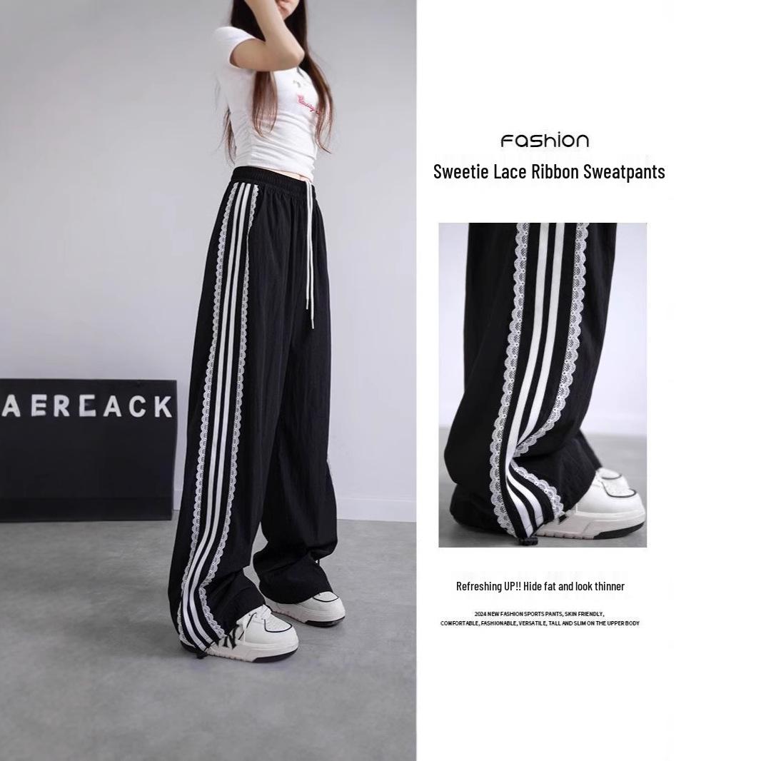 

Autumn 2025 Women s Black Striped Lace Quick-Dry Wide-Leg Sweatpants Large