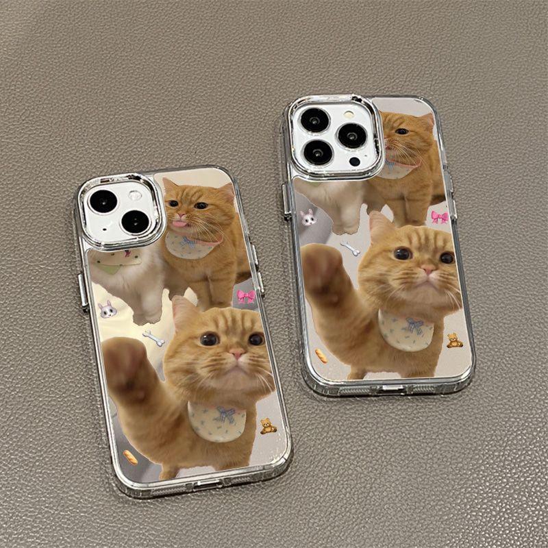 Naughty Cat Cute Pet Suitable for iPhone17 Mirror Mobile Phone Case 16pro Electroplating Button X Apple 14 All-inclusive 15
