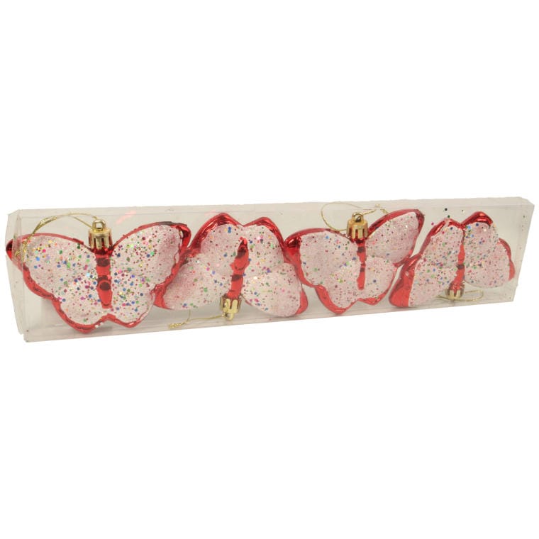 Set of 4 Red Plastic Butterfly Baubles - 7 cm