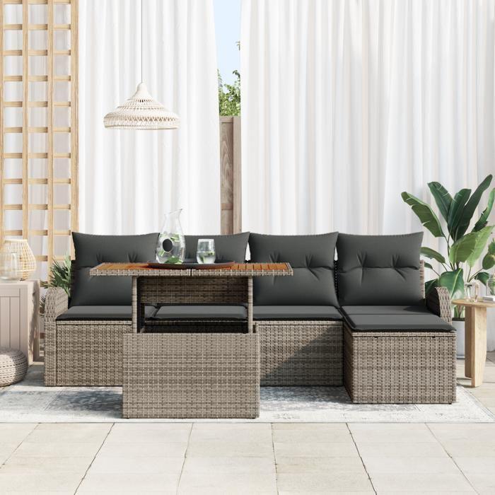 VidaXL Set de canapé de jardin 6 pièces avec coussins Gris Poly Rattan 3358309