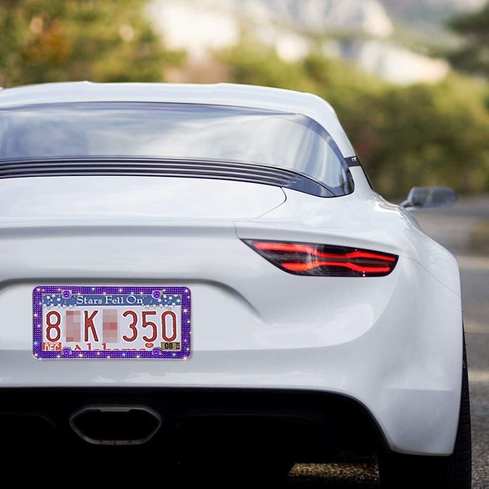 Otostar Bling License Plate Frame, Handcrafted 4 Rows Shiny Rhinestones Stainless Steel 4 Holes License Plate Frame With Anti-Theft Screws Caps Set