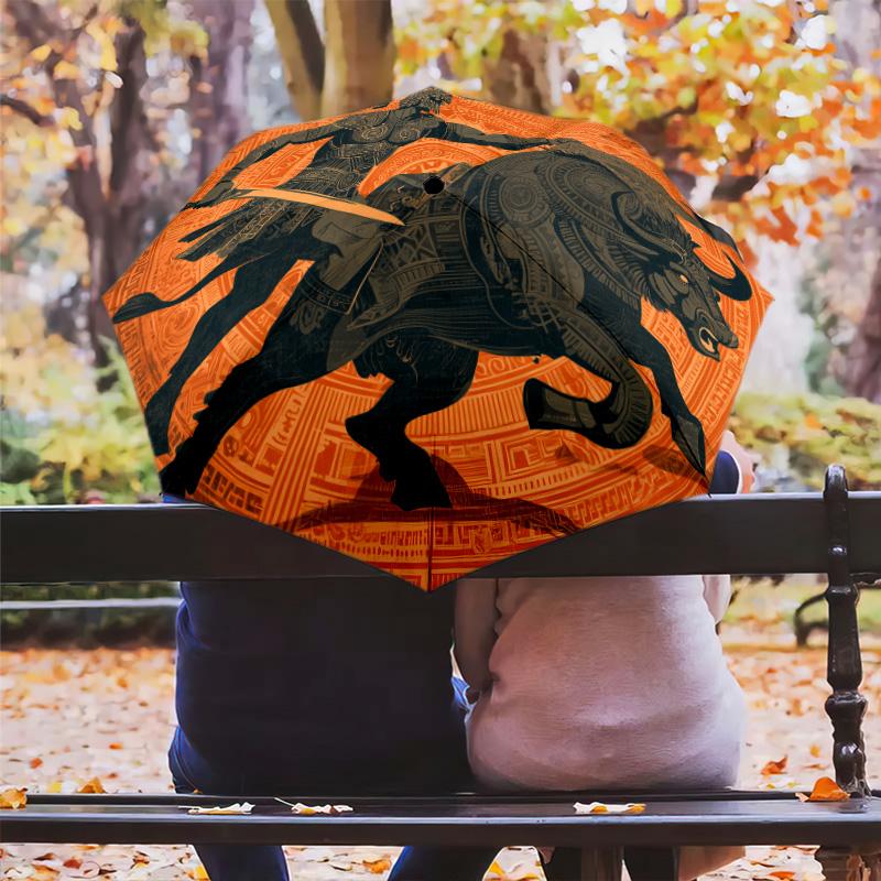Warrior Cow pattern, automatic folding umbrella, portable and foldable design, 8 ribs, a Christmas or birthday gift.