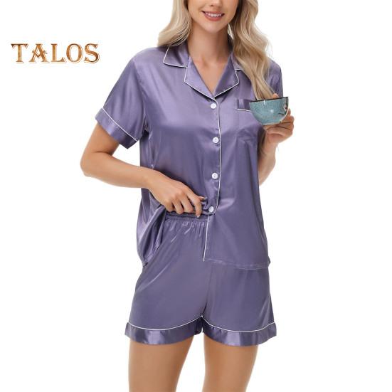 2-teiliges Pyjama-Set, Satin, einreihiges Cardigan-Hemd, V-Ausschnitt, Reverskragen, einfarbiges Hemd mit Brusttasche, lockere Shorts, Nachthemd, Nachtwäsche