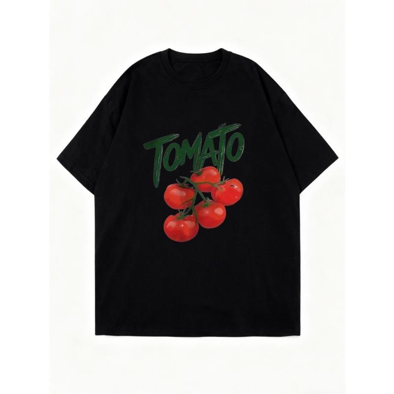 Oversized T Shirt Black Tomato Print With Cherry Tomatoes And Text For Casual Wear