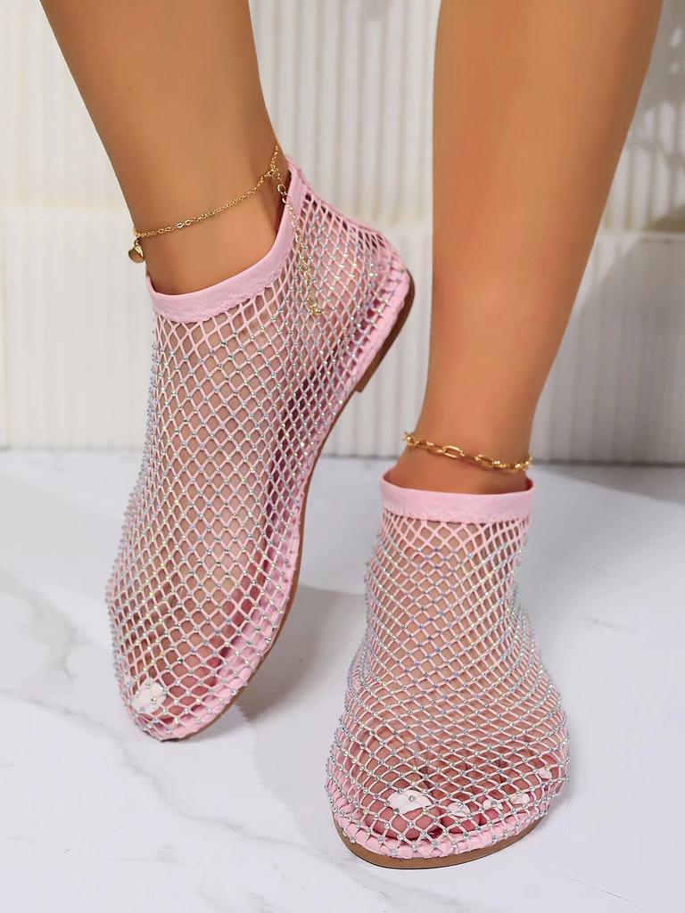 2025 foreign trade summer new diamond fashion mesh round head one word plastic belt hollow sexy flat comfortable sandals