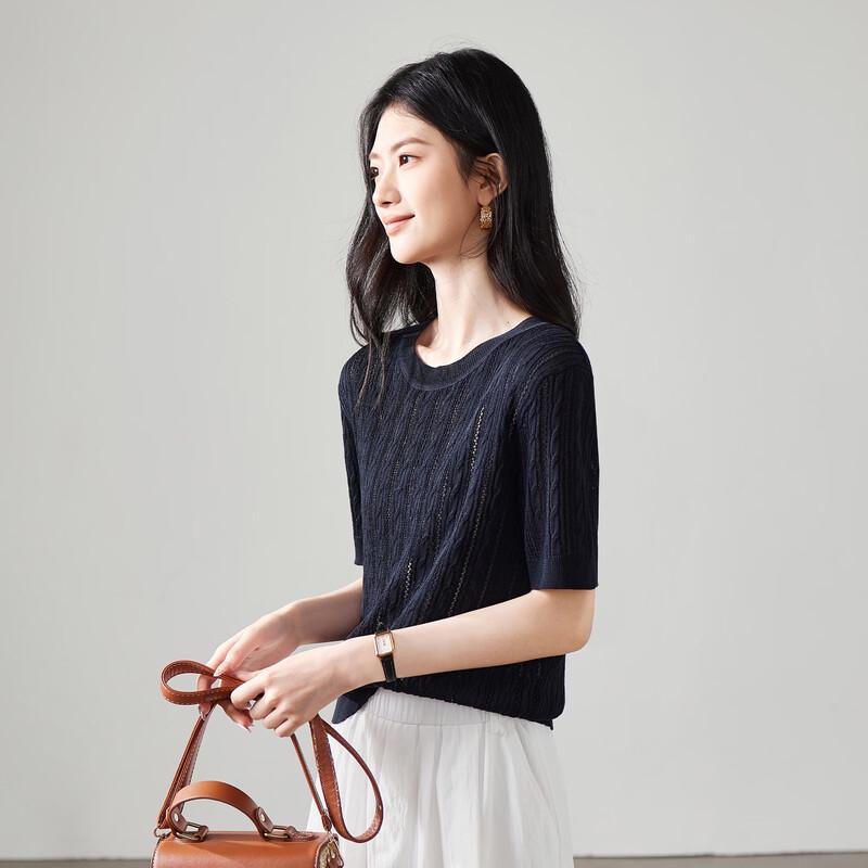 SOFSIL 2026 Spring Hollow Round Neck Short Sleeve Knit T-Shirt