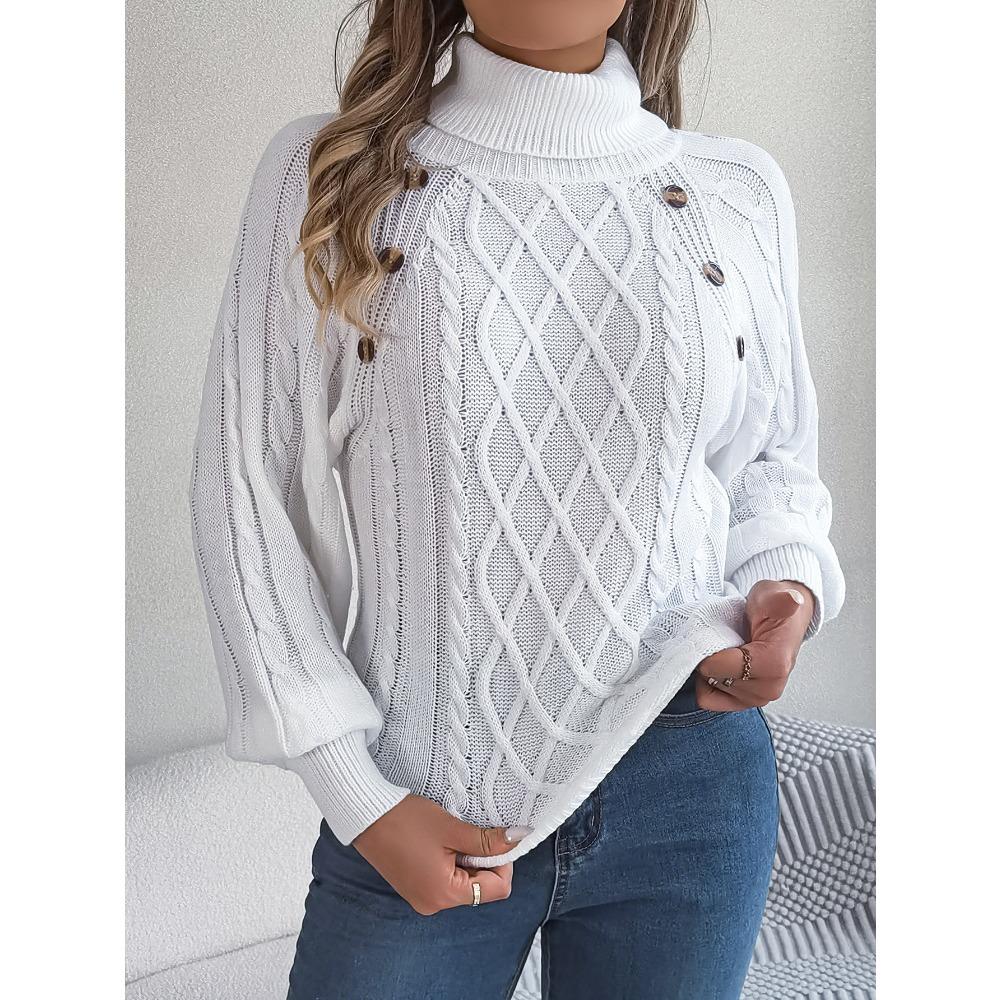 Autumn/Winter Casual Solid-Colour Buttoned Cable-Knit Turtleneck Bell-Sleeve Pullover for Women