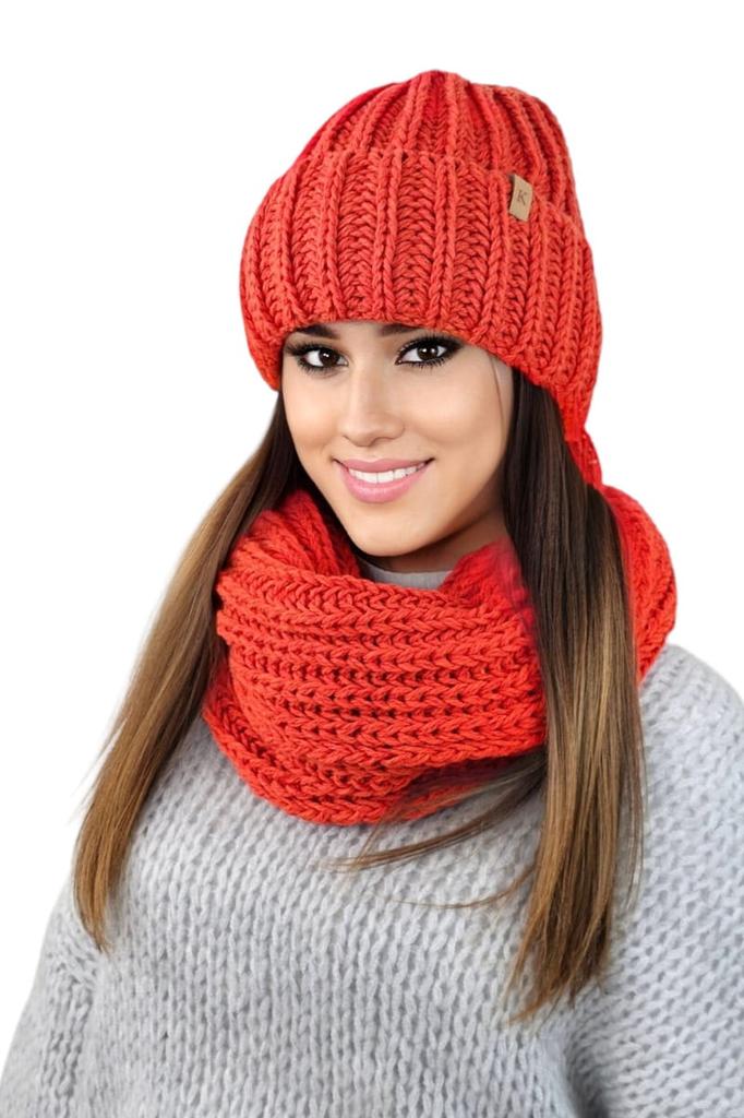 Landa Chunky Knit Hat with Snood Set, Orange