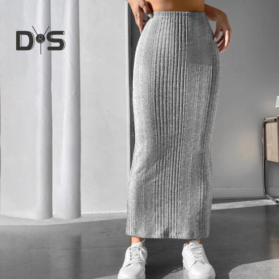 Women Fall Winter Skirt High Waist Knitted Elastic Thick Warm Ankle Length Striped Slim Fit Soft Sheath Lady Maxi Skirt