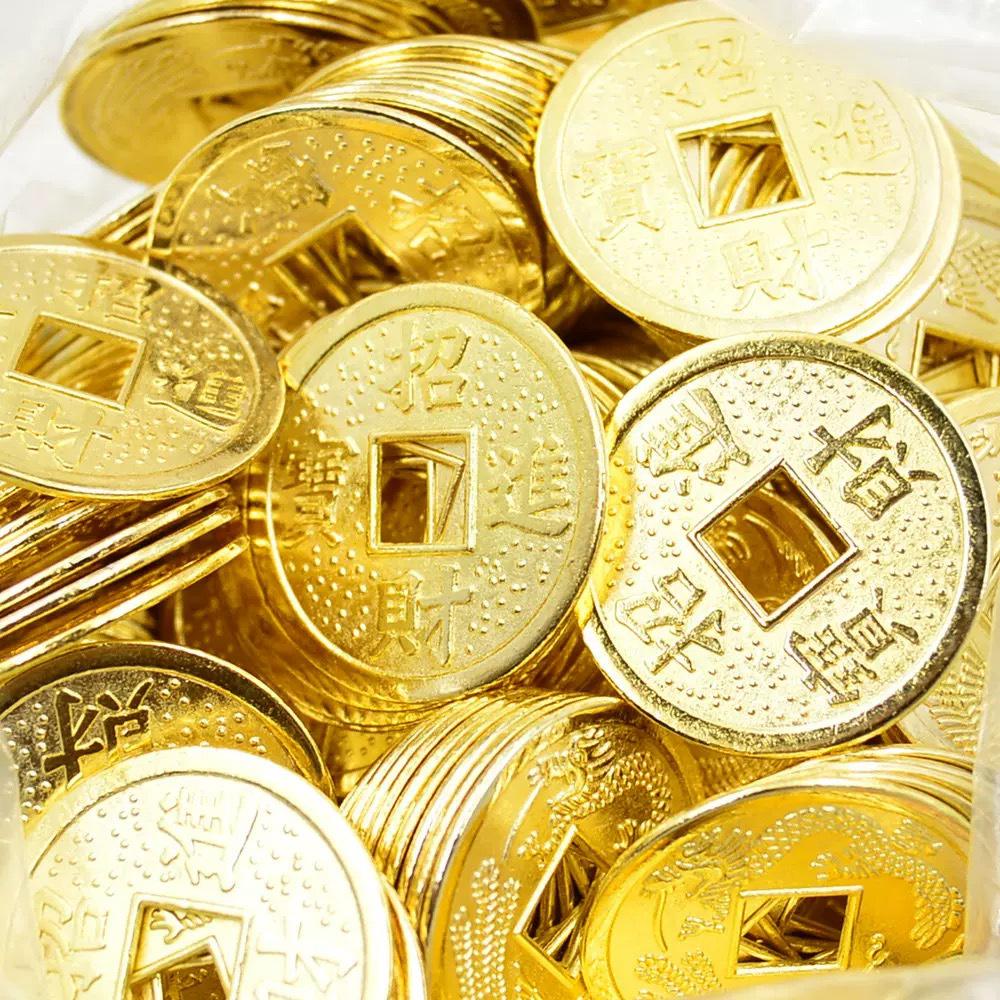 Golden Dragon and Phoenix Copper Coin: 2cm Treasure-Attracting Alloy Decor for Wealth Bowls and Living Room Enhancements.
