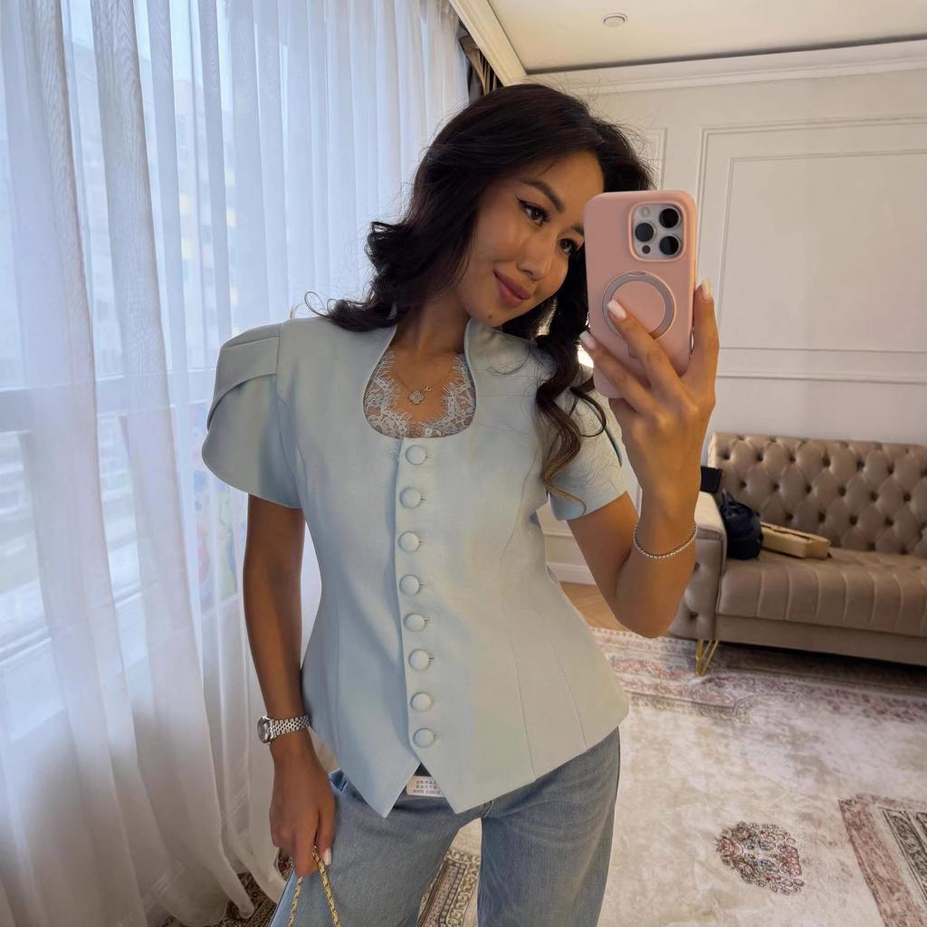 European and American Cross-border Women's Clothing 2026 Summer New Temperament Fashion Design Sense Lace Splicing Short-sleeved Shirt Suit Women