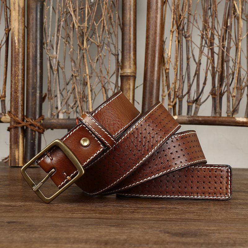Belt Men's Retro Casual Cool Trendy All-Matching Hollow First Layer Cowhide Pin Buckle Genuine Leather Jeans Belt Men's