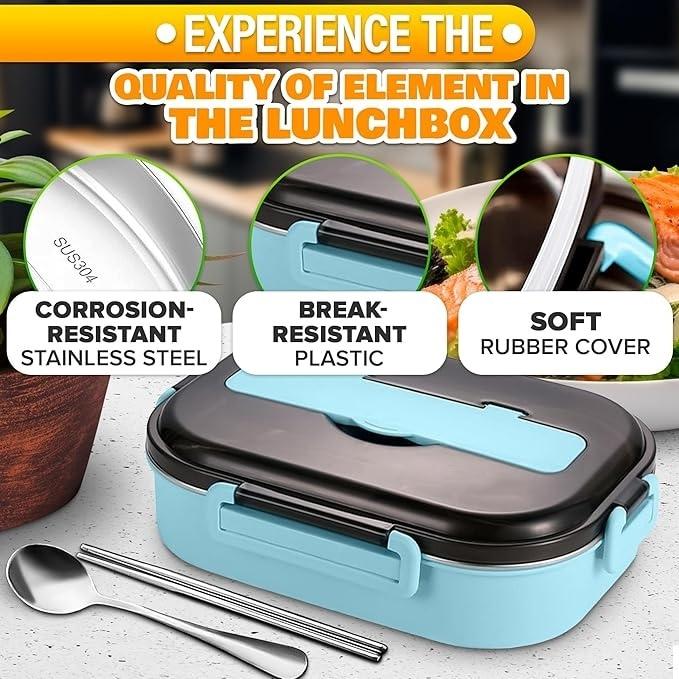 Lunch Box 4 Compartments with Utensils and Soup Bowl, 27.5x20.5cm, Blue, Perfect for School and Office