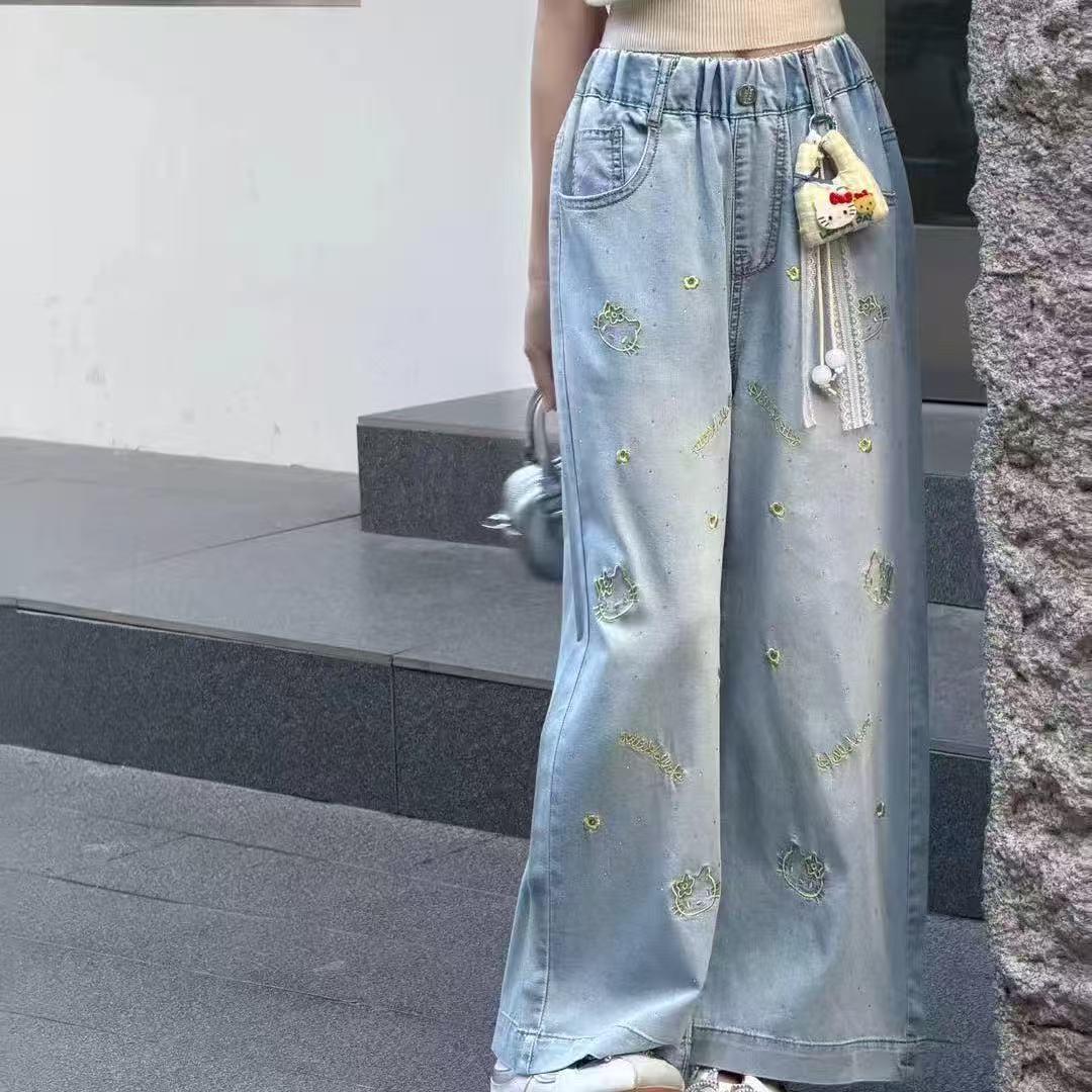 Girls Cat Embroidery Wide-Leg Denim Pants - Korean Style, Lightweight, Fashionable, Summer 2026 Trend 150 cm светло-синий