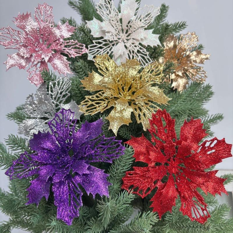 15Cm Christmas Simulation Christmas Flower Gold Dust Flower Christmas Ornament Flower Head Double Layer Hollow Gold Dust Flower