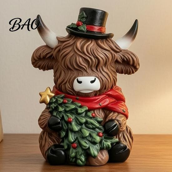 Christmas Tree Hanging Decorations Highland Cow Figurine, Resin Holiday Statue with Santa Hat & Decorative Sitting Figures Gift Box, Cute Calf Desktop