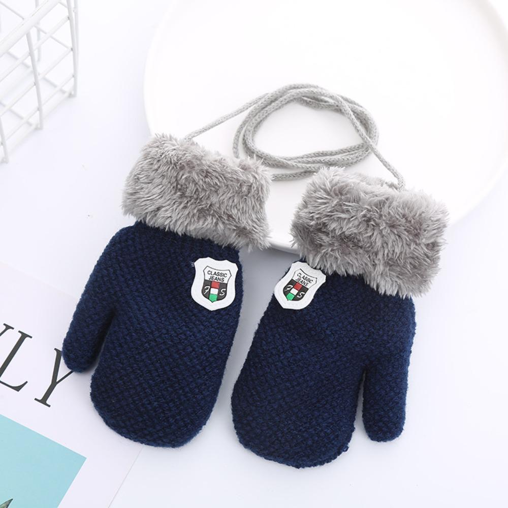 

Winter Soft Hanging Neck Kids Gloves Thick Warm Knitted Mittens Cute темно-синий