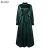 ZANZEA Women Casual Stand Collar Loose Long Sleeve Satin Dress