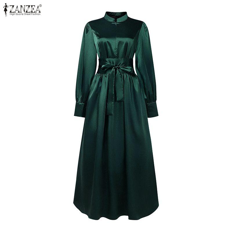 ZANZEA Women Casual Stand Collar Loose Long Sleeve Satin Dress
