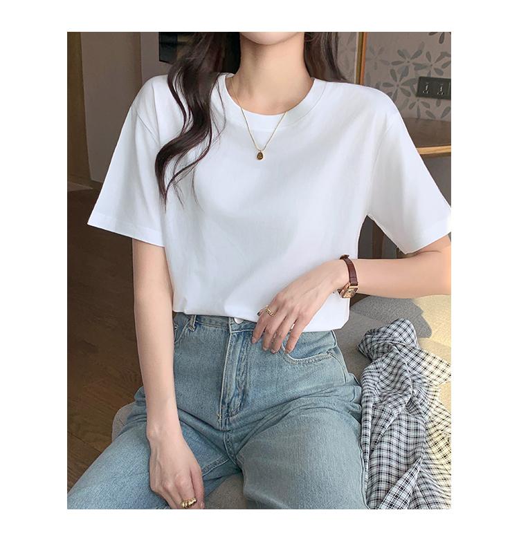 Cotton short sleeved t-shirt paired with spring/summer new loose and slimming front shoulder versatile top JS