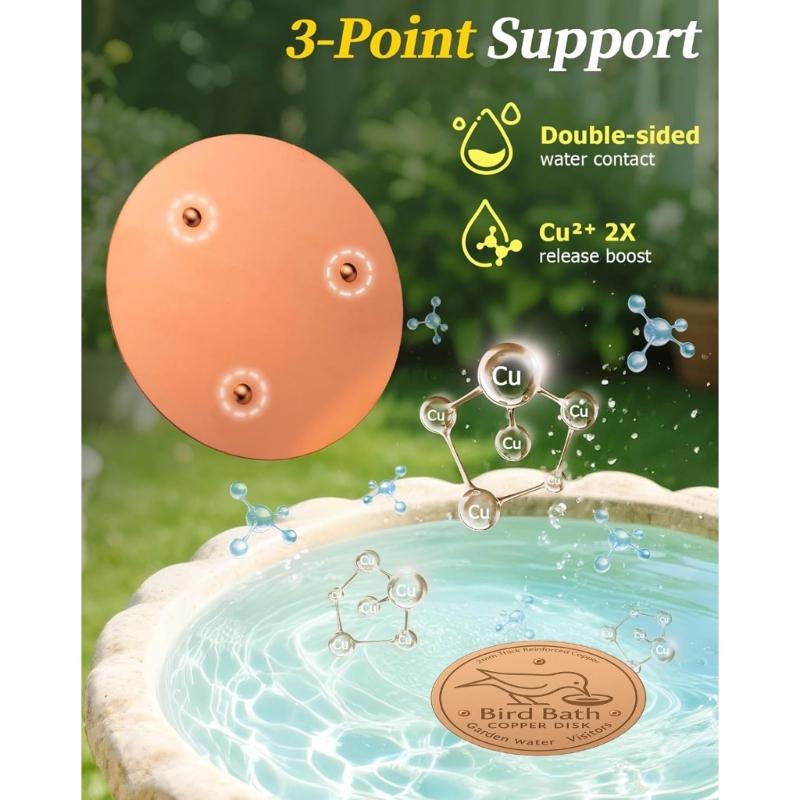 Passivated Copper Birdbath Purifier Disc 3 Leg Design Maximizes Water Contact Prevents Green Build Up Efficiently
