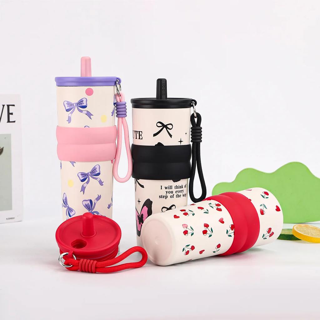 1pcs 500ml Stainless Steel Thermos Cup  Portable Cold-keeping Ice Cup, Outdoor Straw Cup with Lifting Rope Car Coffee Mug