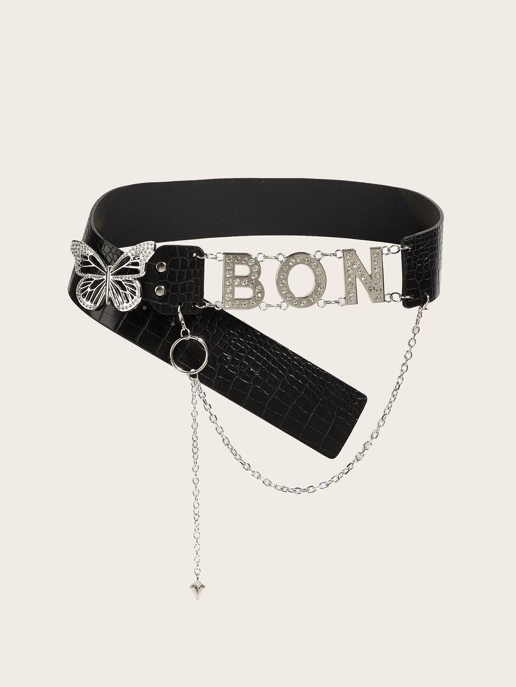 Vintage Style Pu Leather Belt With Butterfly Waterdiamond Buckle For Ladies Fashion чёрный