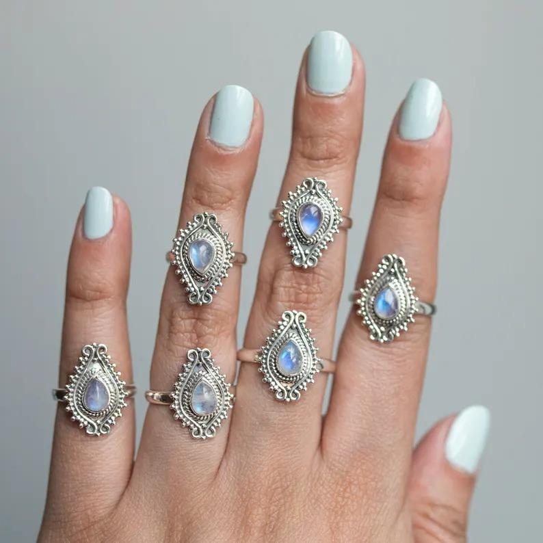 Moonstone Gemstone Ring, Solid 925 Sterling Silver Bohemian Ring, Gift For Her, Statement Ring, Partywear Ring, Silver Jewelry