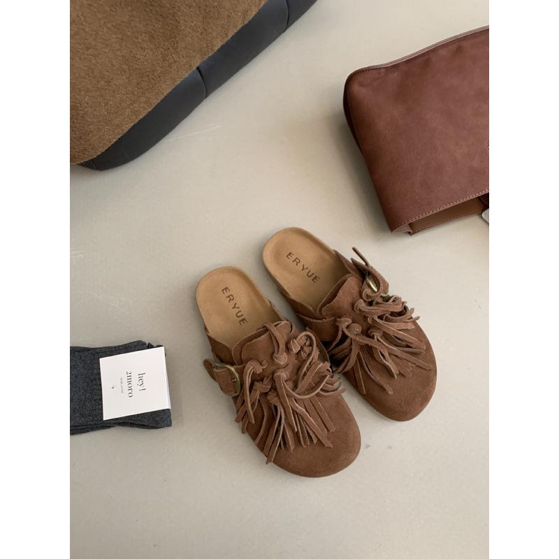 

Версия из коровьей кожи - туфли на платформе с бахромой 3 см 2025 осень-зима новая ленивая сумка-шлепанцы 40 коричневый