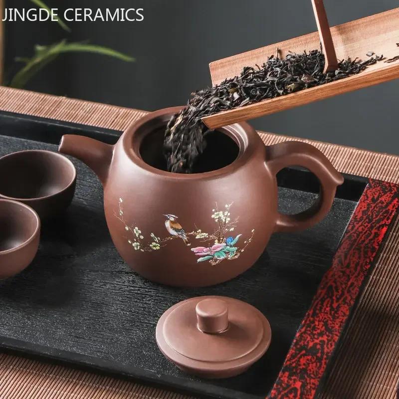Teiere in argilla viola Yixing di grande capacità con fiori e uccelli, teiera fatta a mano con motivo a drago di fango Zhu, infusore per il tè, set da tè cinese