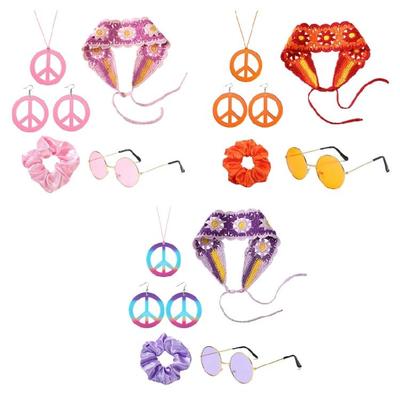 1970s Hippie Costume Jewelry Accessory For 70s 60s Themed Party Hair Band Glasses Knitted Headband Necklace Earrings