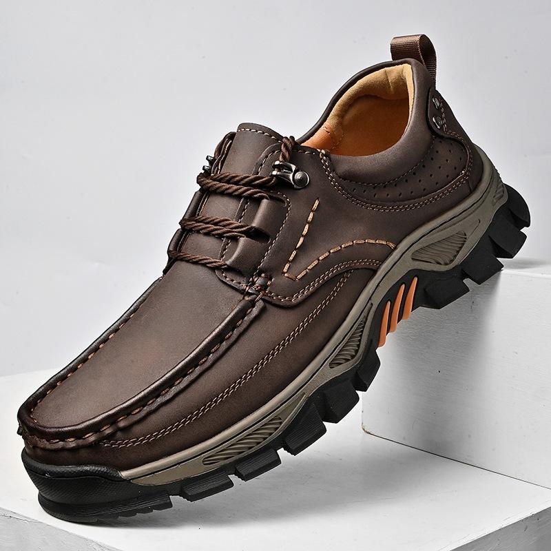 Men's Slip On Faux Leather Hiking Shoes Outdoor Non-Slip Waterproof Walking Sneakers for Male Casual Lace-Up Work Shoes Comfortable Short Boots