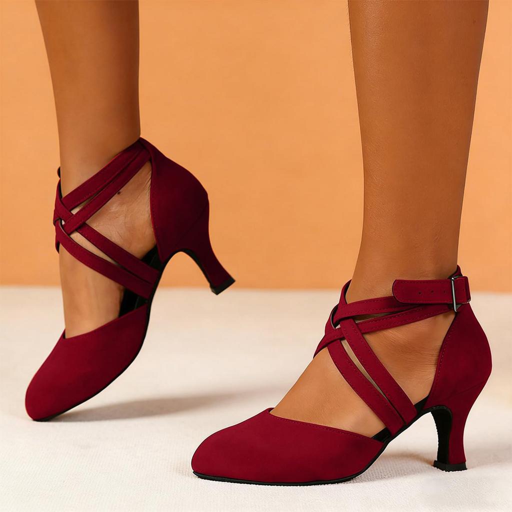 Women's Ballroom Latin Suede Dance Shoes Tango Waltz Closed Toe Party Dance Shoes Sandals With Heel
