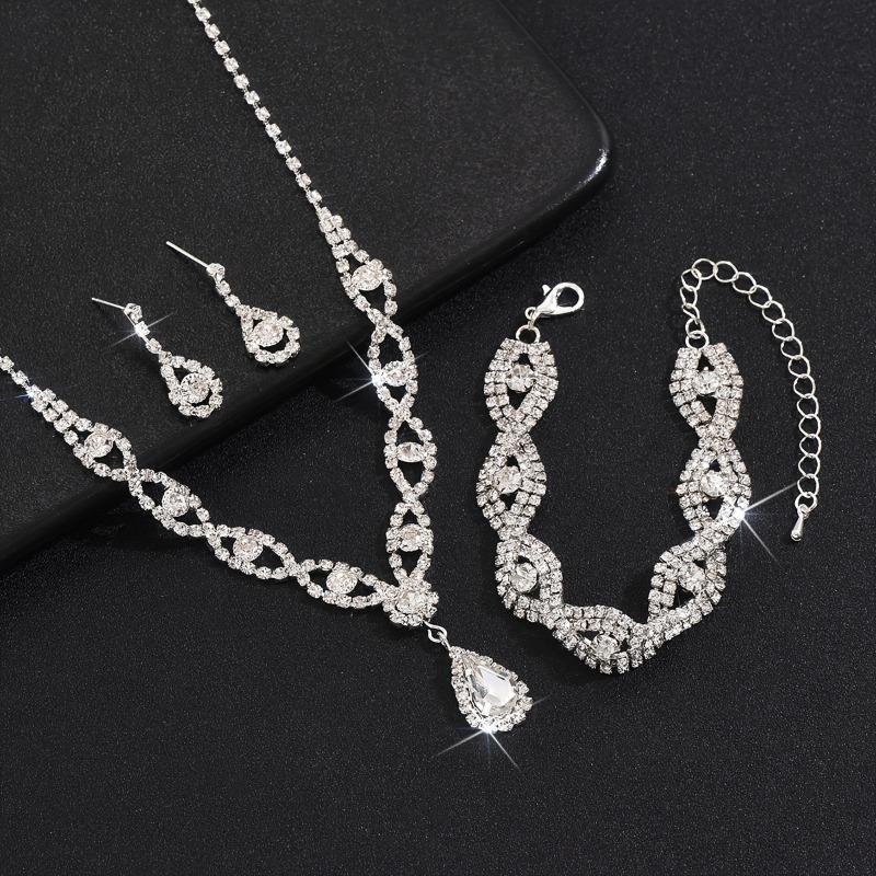 Shining Rhinestone Necklace Earrings Bracelet Jewelry Set for Women Gift Wedding Bridal Crystal Choker Banquet Accessories