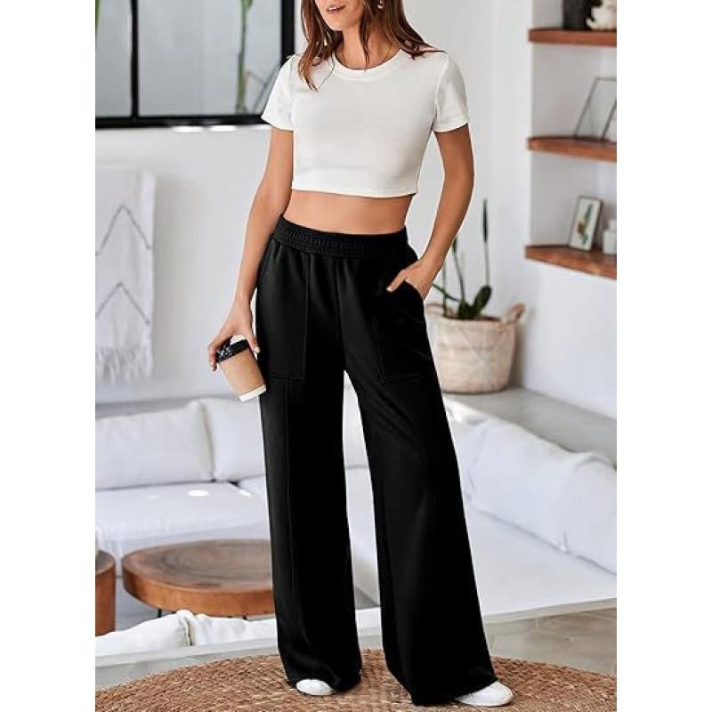 Womens High-Waisted Wide-Leg Casual Trousers Loose Fit Thick Winter Pant With Elastic Waist
