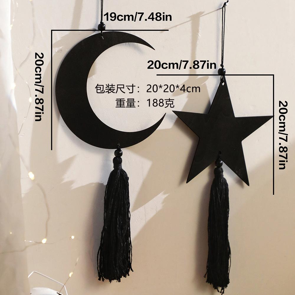 Black Star and Moon Tassel Wooden Handicraft Pendant for Home Bedroom Wall Decoration Holiday Arrangement