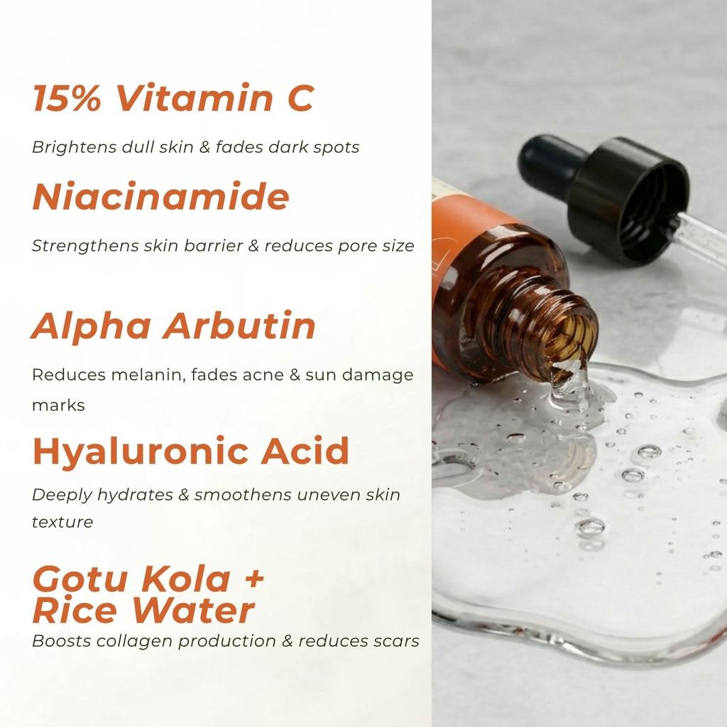 Velleja Advanced Vitamin C Serum 15% mit Niacinamid 5% & Alpha-Arbutin 1% | Reduziert dunkle Flecken & Pigmentierung | Hellt auf & gleicht den Hautton aus | Co