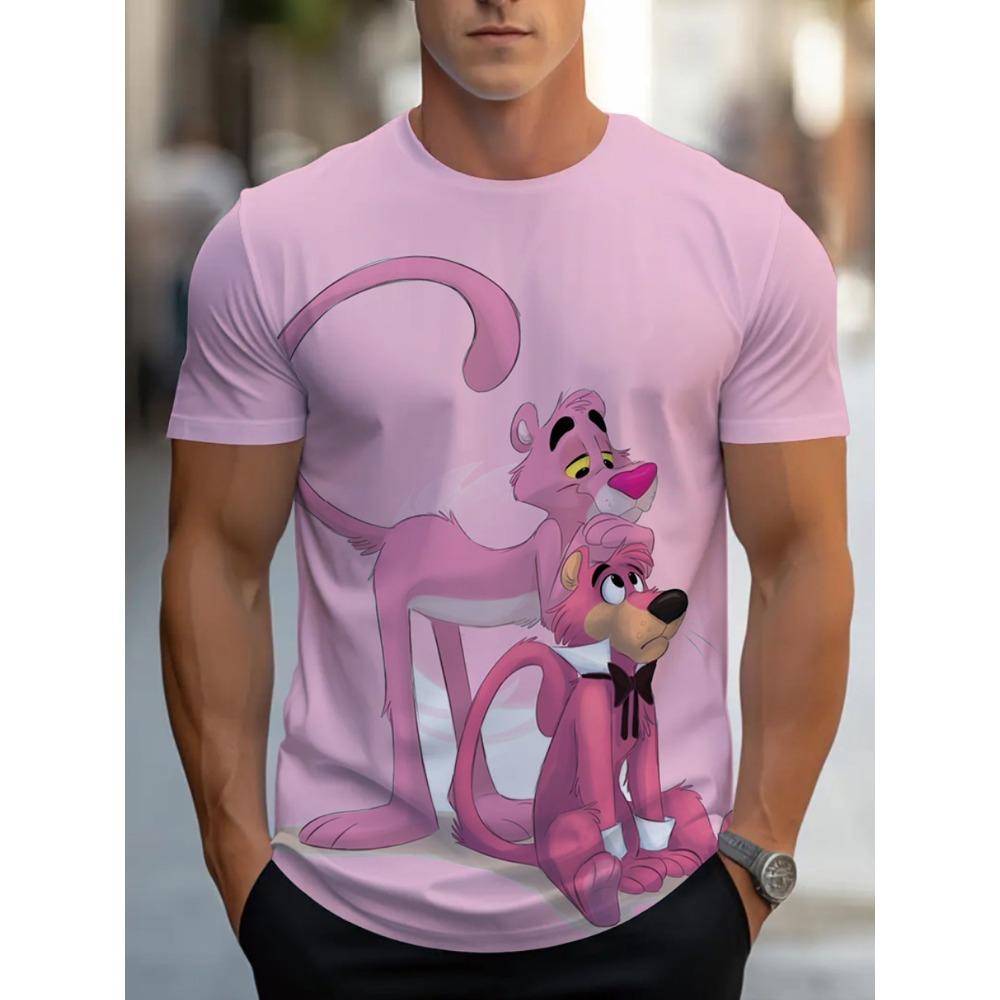 

Men s T-shirt with pink leopard cartoon print design, perfect for relaxing at home or going out in a restaurant S