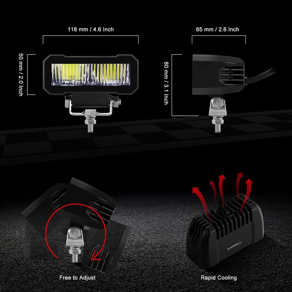 KAWELL 20W Fog Lights for Mini Rectangular Work Single Row Auxiliary LED Work IP68 Set of Connector Cable Included Motorcycles, Bezel-less Lights,