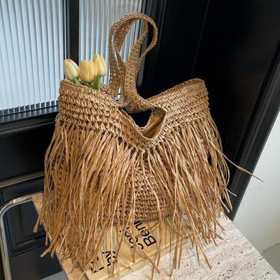 Casual Tassel Woven Women Shoulder Bags Handmade Fringe Lady Handbags Summer Beach Large Tote Bag Big Shopper Purse for Vacation