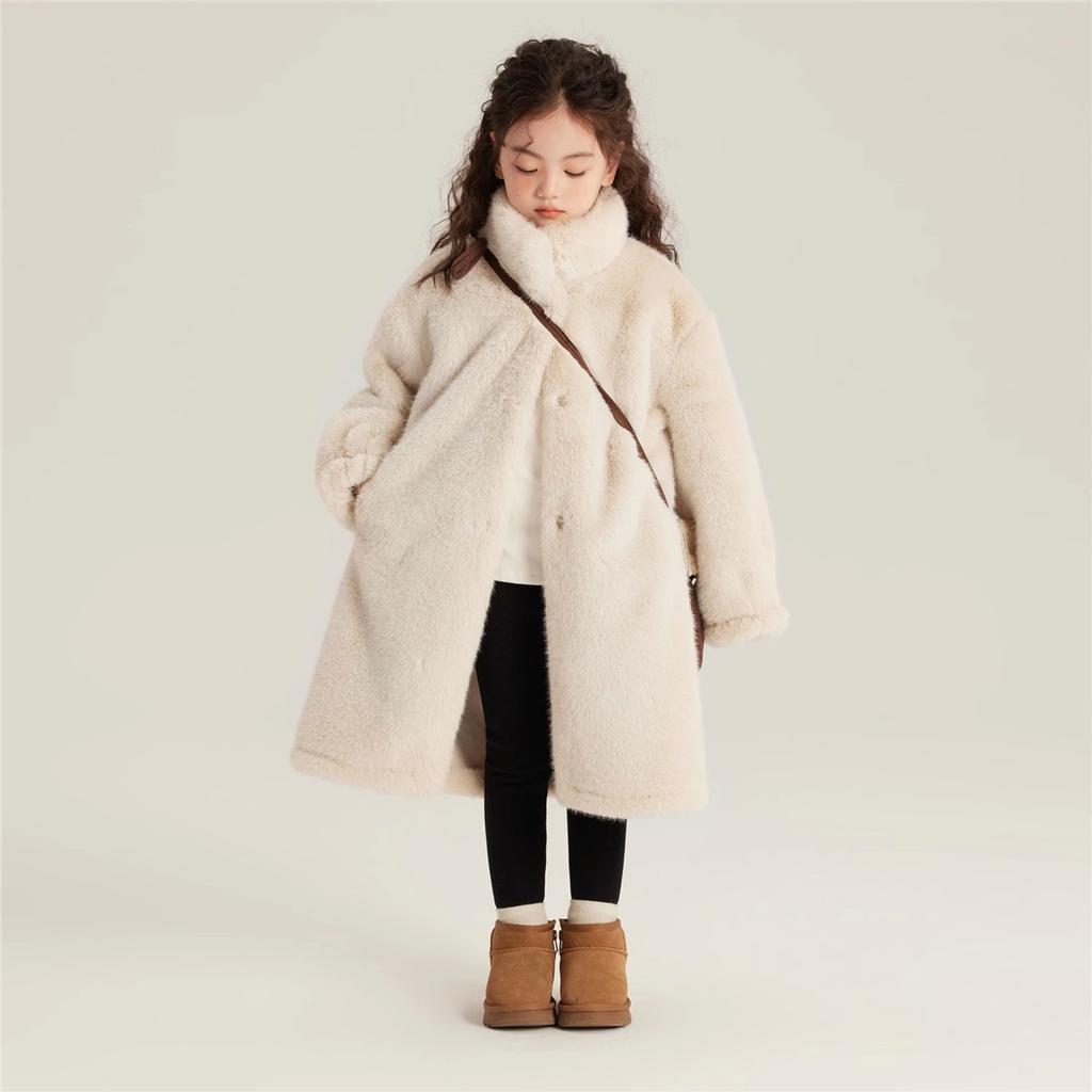 Girls Faux Fur Long Coat Stand Collar Plush Fleece Warm Thick Winter Kids Outerwear Full‑Zip Mid‑Length Fuzzy Overcoat For Little Girl