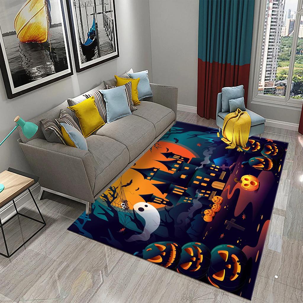 Halloween Theme Area Rug With Cartoon Ghost Pumpkin Bat Haunted House Artistic Patterns Soft Decorative Carpet For Living Room