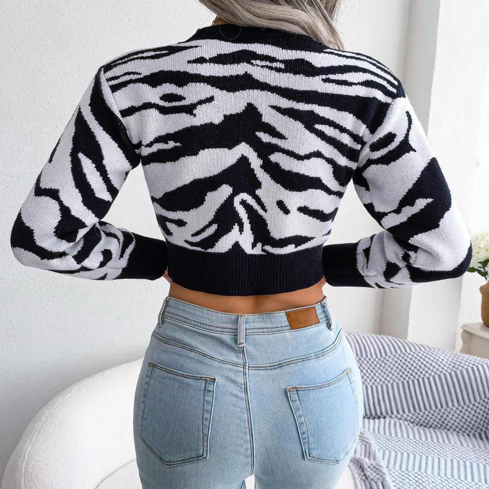 Women's Jumpers Knitted Sweatshirt Sexy Crew Neck Cropped Sweaters Tiger Stripes Long Sleeve Knit Crop Tops Pullover
