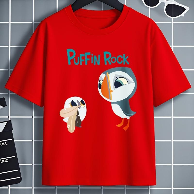 Schattig Puffin Rock Vogel Karakter Print Kinder T-shirt met Ronde Hals en Korte Mouwen