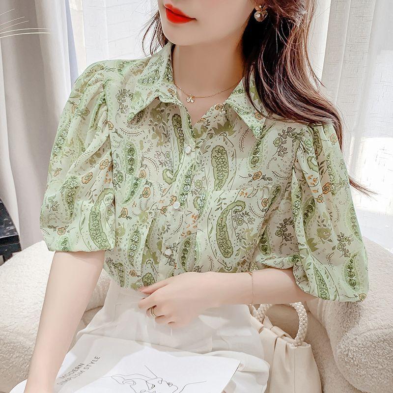 Damebluse med bobleermer, blomstermønster i chiffon, design for vår og sommer, topp, nisje, fransk stil