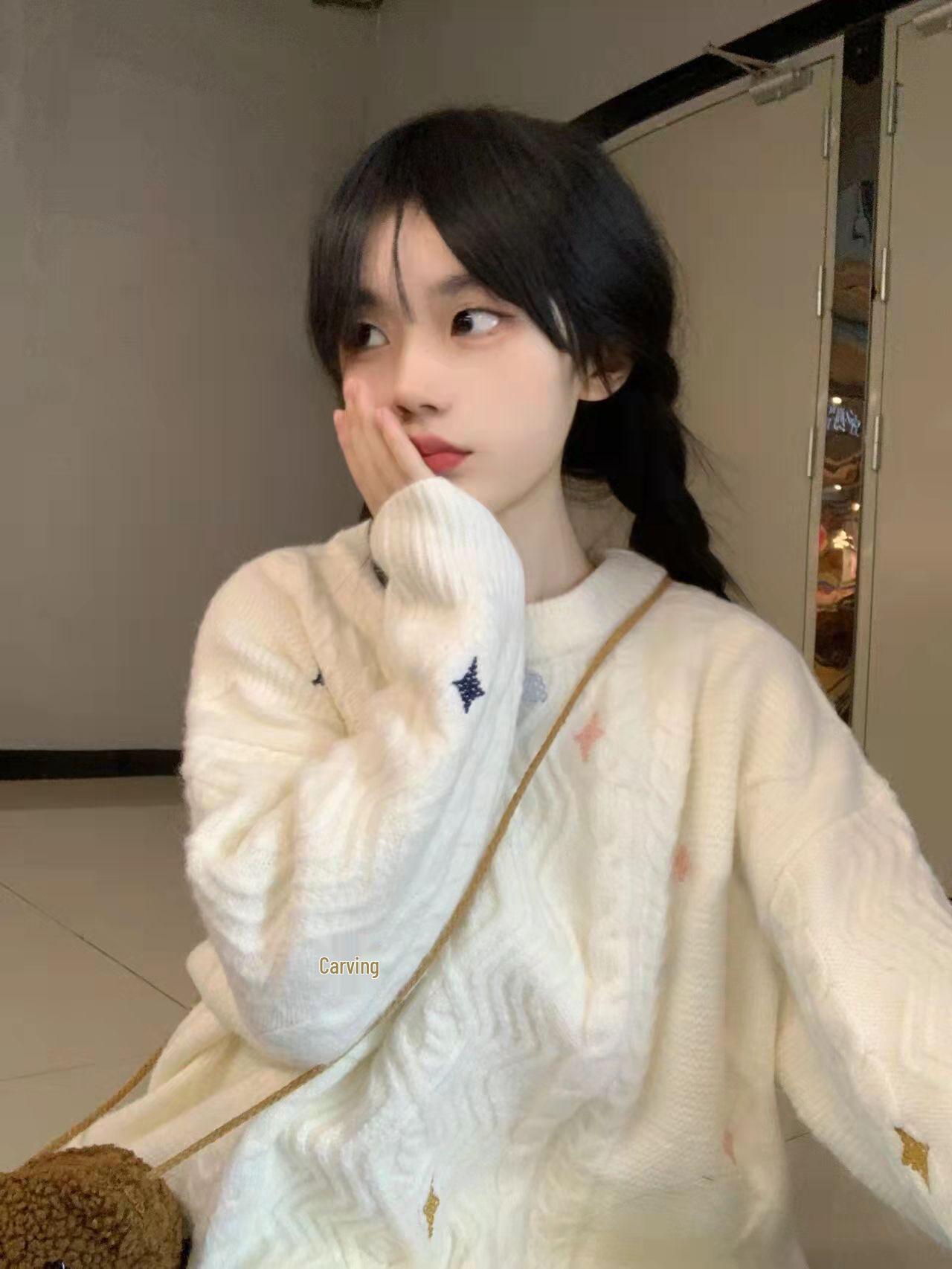

Japanese Retro Cute Soft Cable Knit Sweater for Women - Autumn Winter Loose Pullover Outerwear S (70-95 jin) брудно-білий