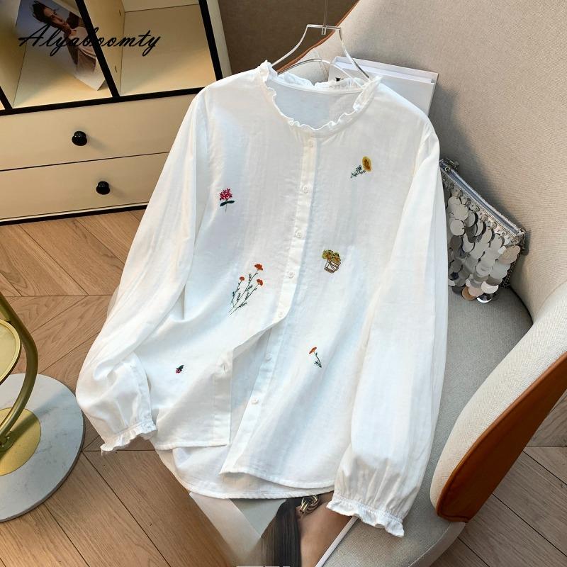 2026 Plus Size Spring Autumn Women Shirt Ruffled Collar White Blue Floral Embroidery Blouse Long Sleeve Cotton Basic Loose Blouse
