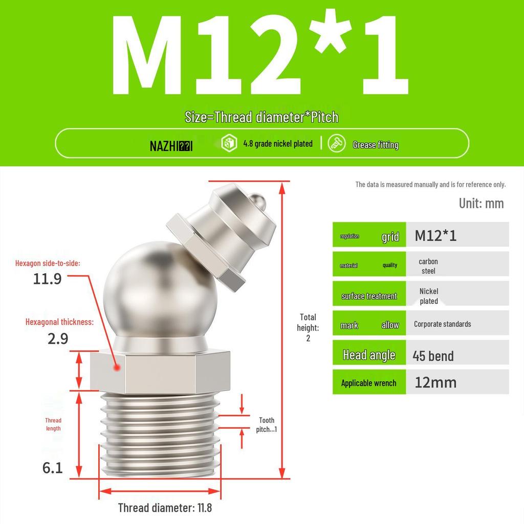 Nickel-Plated Iron Bent Grease Nipple Grease Gun Head M6-M14 G1/8