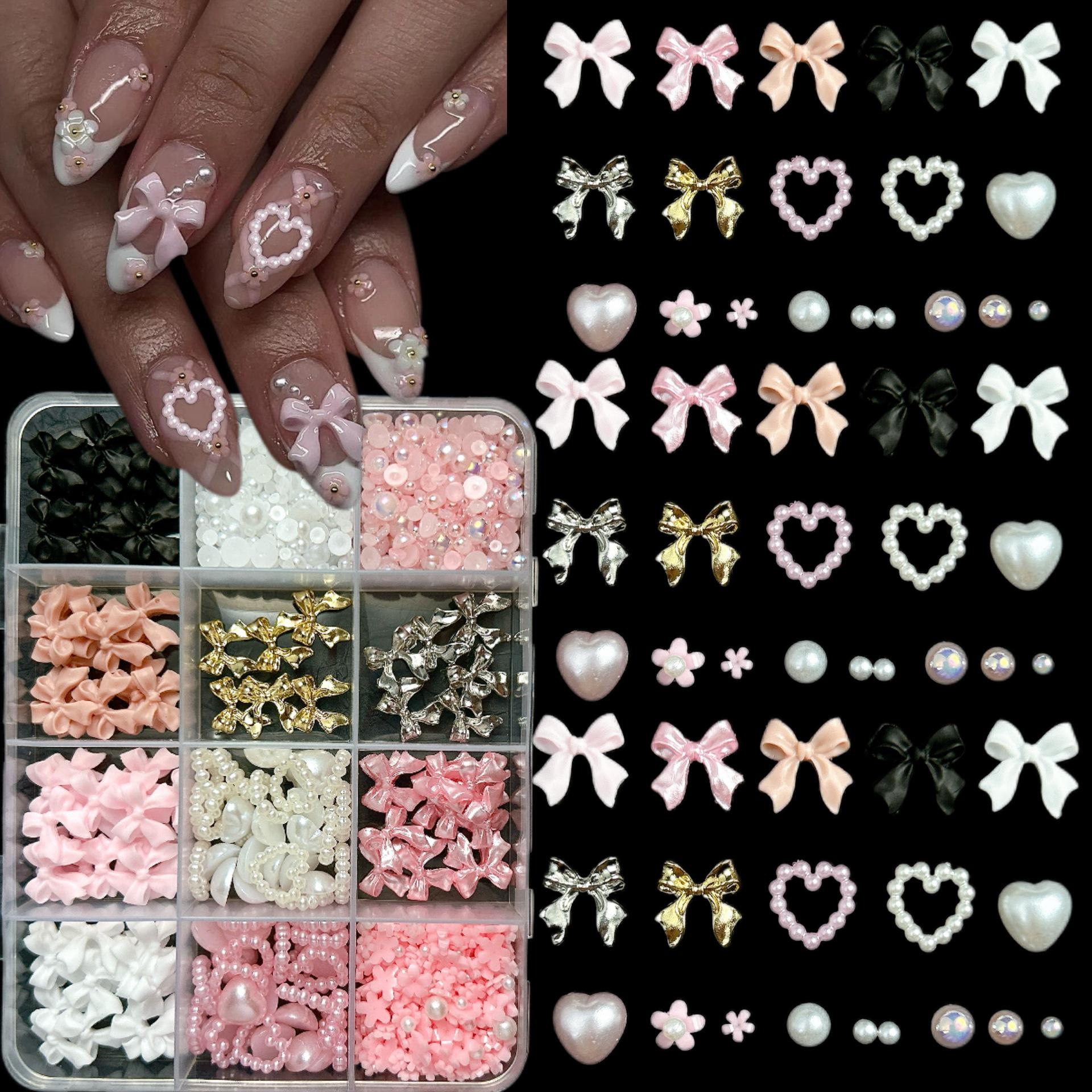 

12 Piece 3D Resin Bow & Pearl Heart Nail Art Decoration Set