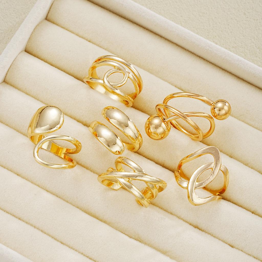 6 Pcs Smooth Geometric Shape Exaggerated Fashion Ring Set Retro Vintage Gold Color Classic Asymmetrical Hollow Rings For Women